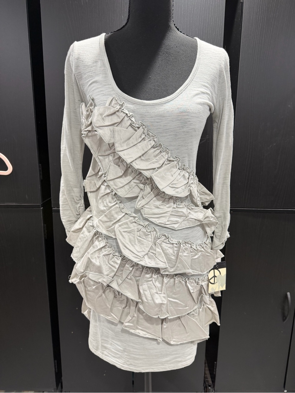 Steve Madden Light Gray Ruffle Long-Sleeve Dress